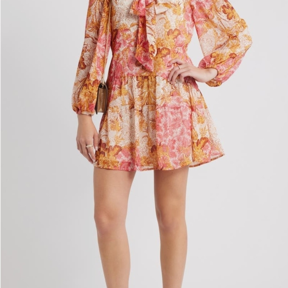 Nordstrom Pink & Gold Floral Tie-Neck Tiered Mini Dress